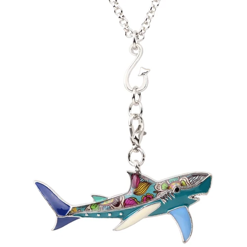 Bonsny массивное Макси эмалированное металлическое Рыбье ожерелье с акулой Подвески цепочка Мода океан животное ювелирные изделия для женщин девушки аксессуары - Окраска металла: Blue
