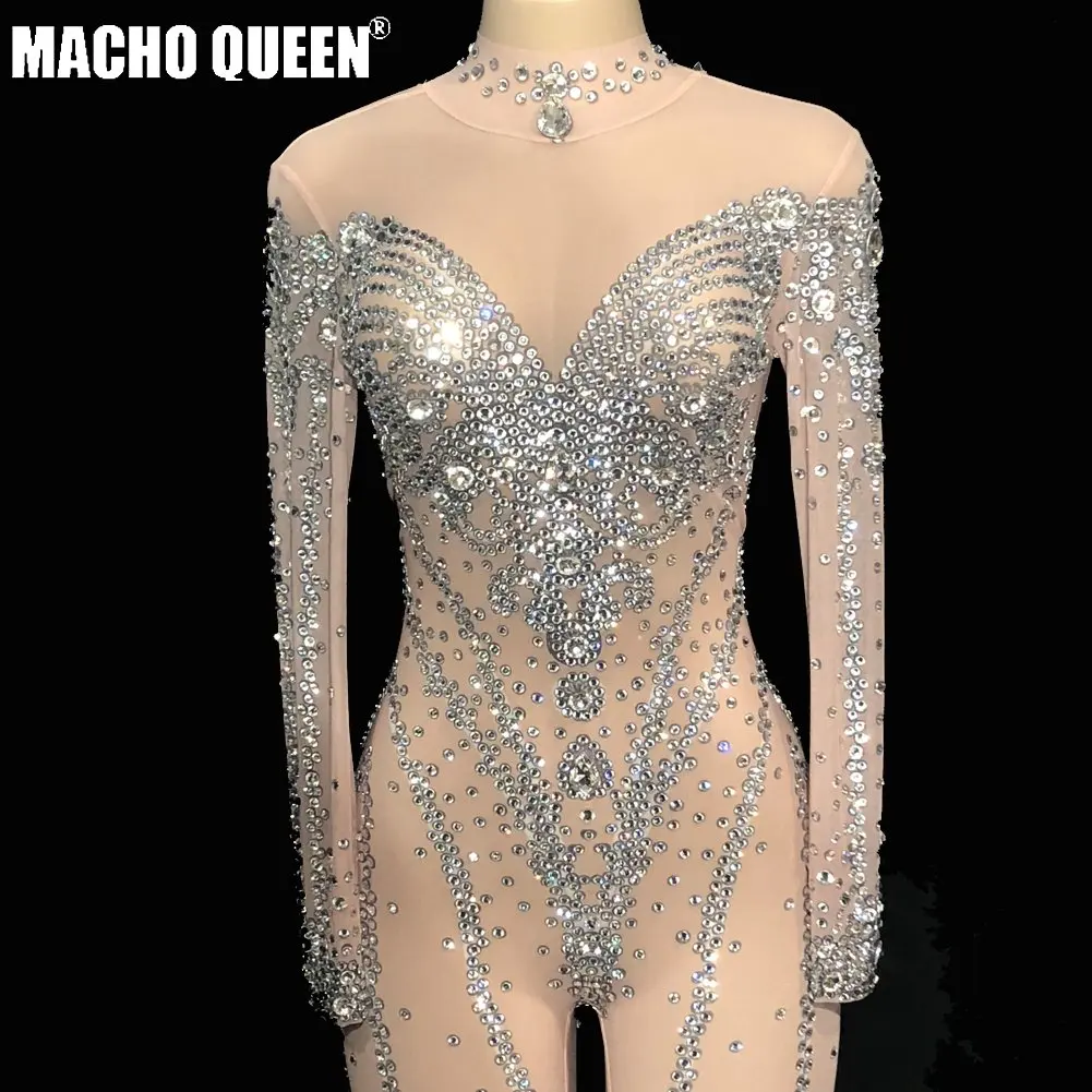 

Drag Queen Costumes Sexy See Through Rhinestone Bodysuit Crystal Jumpsuit Red Carpet Runway Performance Party Celebrity Clothing