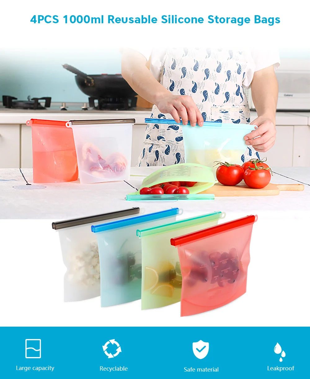 4pcs Reusable Silicone Vacuum Seal Food Fresh Bag Fruit Meat Milk Storage Containers Refrigerator Bag Ziplock Kitchen Organizer