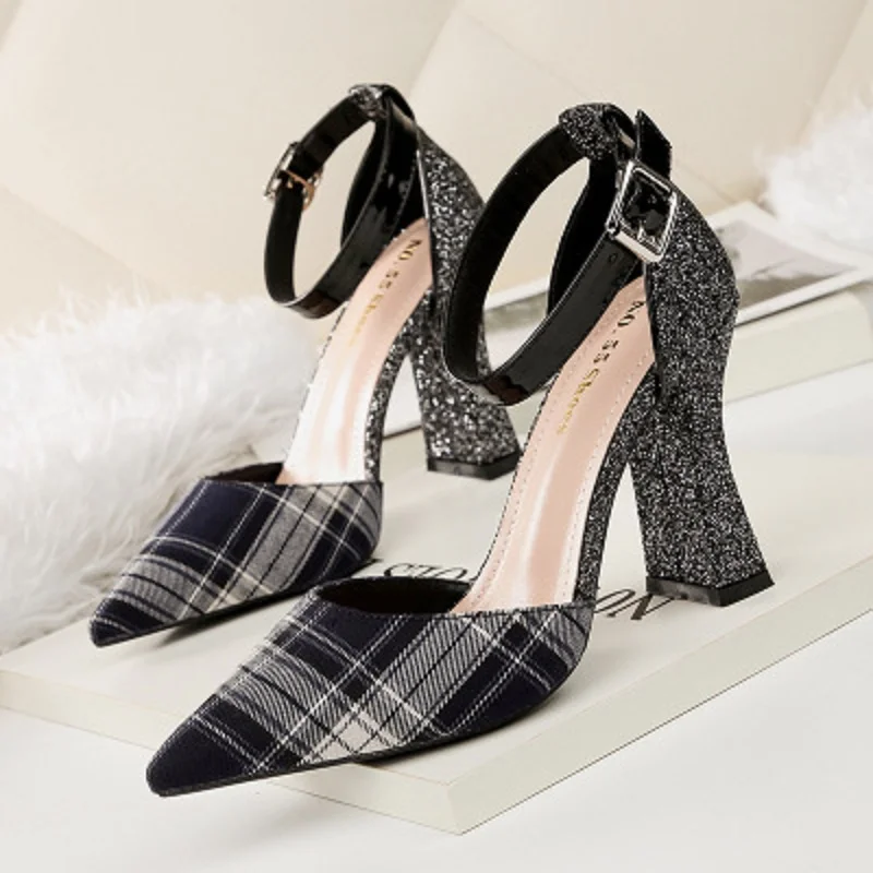 

High-heeled nightclubs thin single shoes thick with plaid cloth with women's shoes