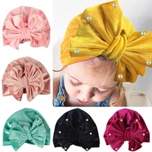 Детская шапка с большим бантом, жемчужная, золотая, бархатная, с бантом, Детская весенне-зимняя шапка, тюрбаны широкий берет-Боб, Рождественский реквизит для фото вечеринок