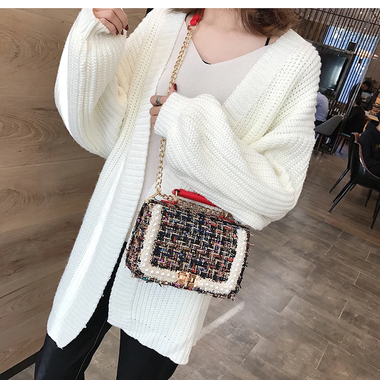 Winter Fashion New Female Square Tote bag Quality Woolen Pearl Women's Designer Handbag Ladies Chain Shoulder Crossbody Bag