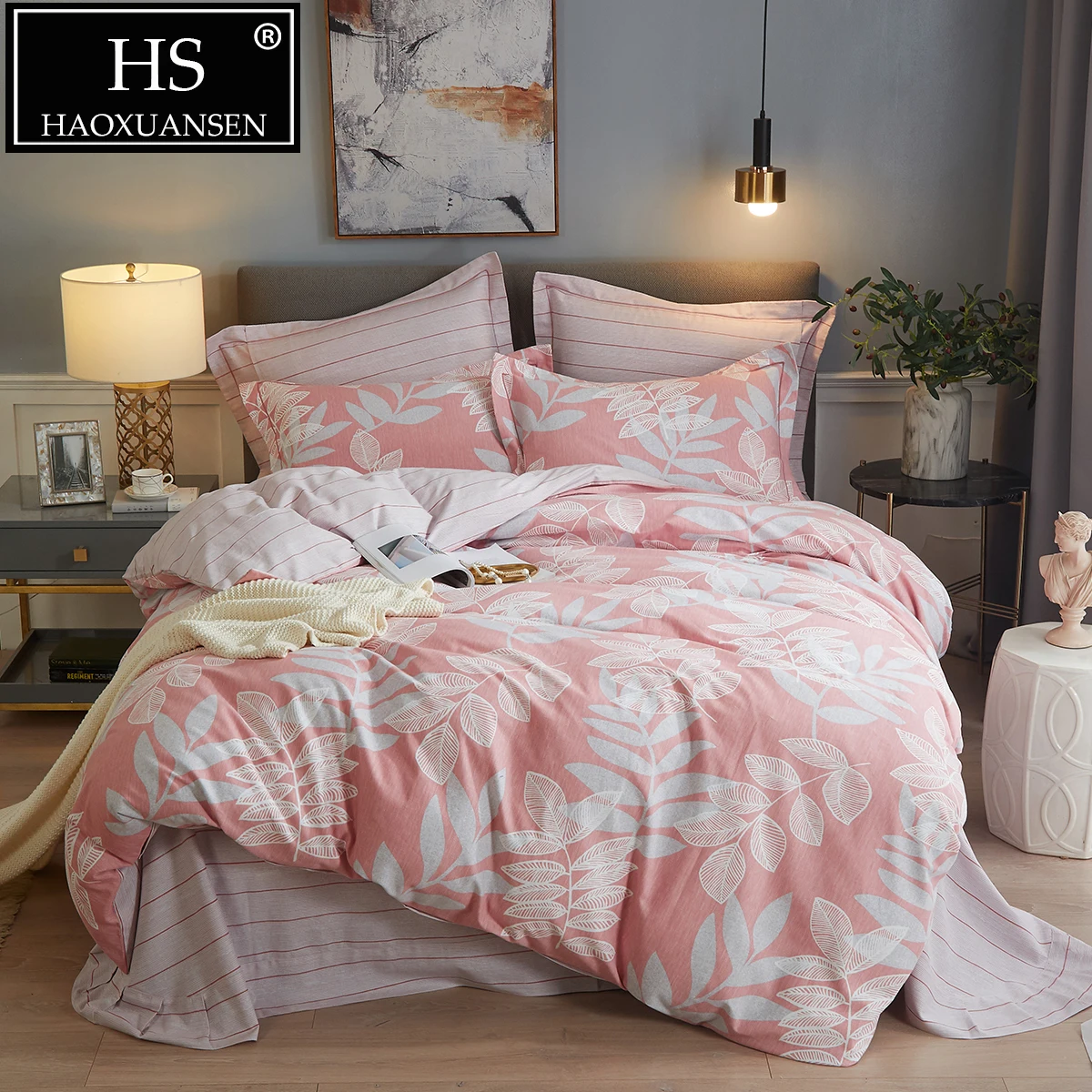 

Leaves Print Sanding Brush Cotton Pastoral Style Super Comfy 4pcs Duvet Cover Flat Sheets Shams Set Queen King Size