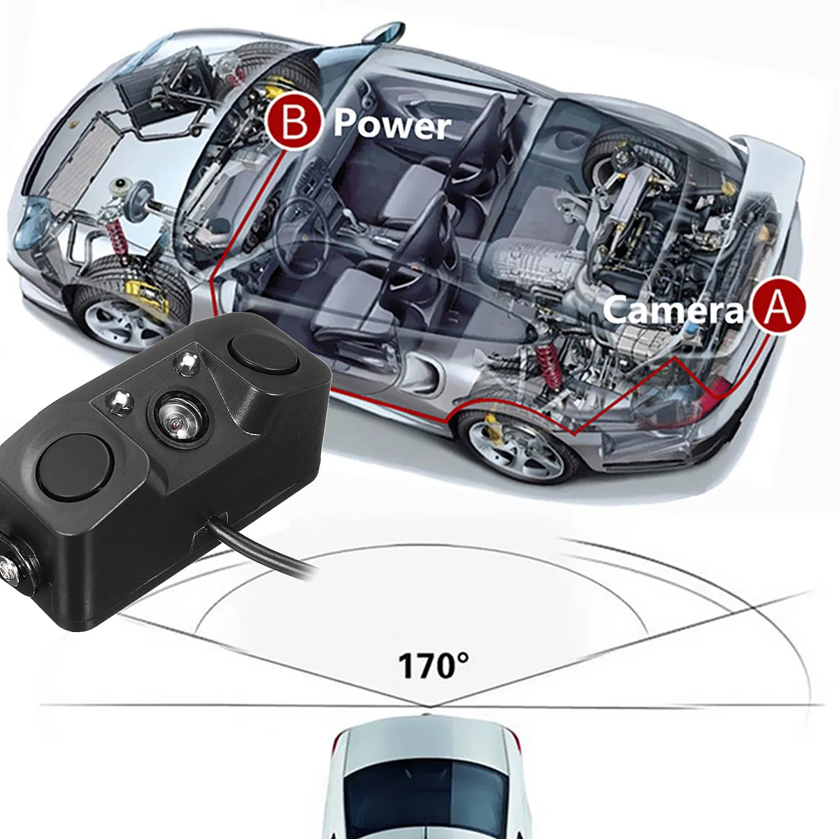 3 in 1 LED Angle of 170 Car Reversing Rearview Camera With Backup Radar Parking Sensor Waterproof Class IP67 Video Type NTSC/PAL