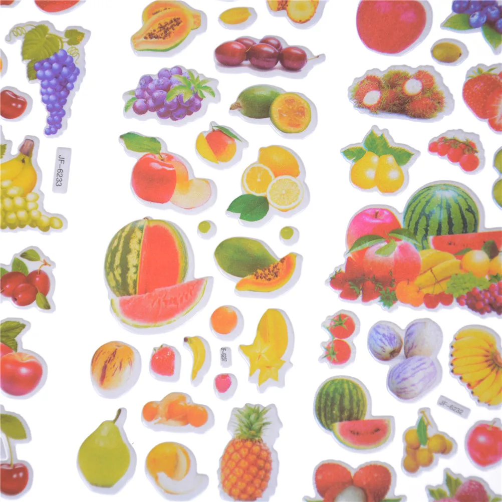 6 Sheets Factory Direct Sales Real Fruits Fruitage Greens Pear Banana Grapes Scrapbooking Bubble Stickers Emoji Reward Kids Toys