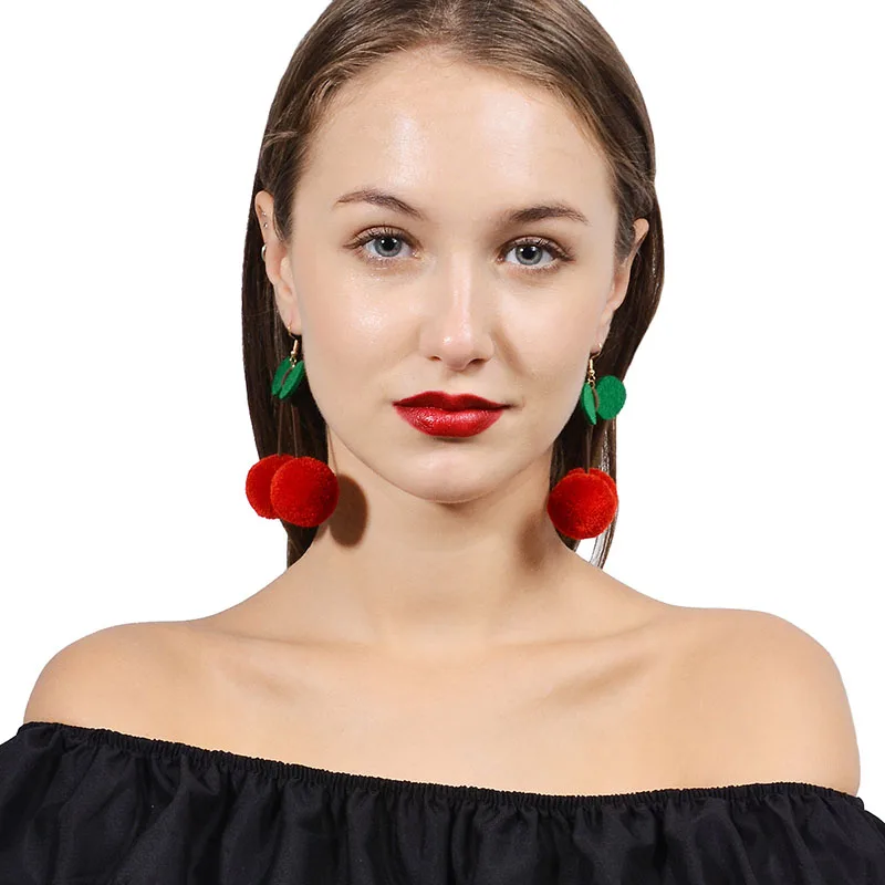

Hot Red Cherry Earrings Eardrop Fashion Beautiful Girl Earrings Fine Jewelry Long Cherry Fur Ball Earring
