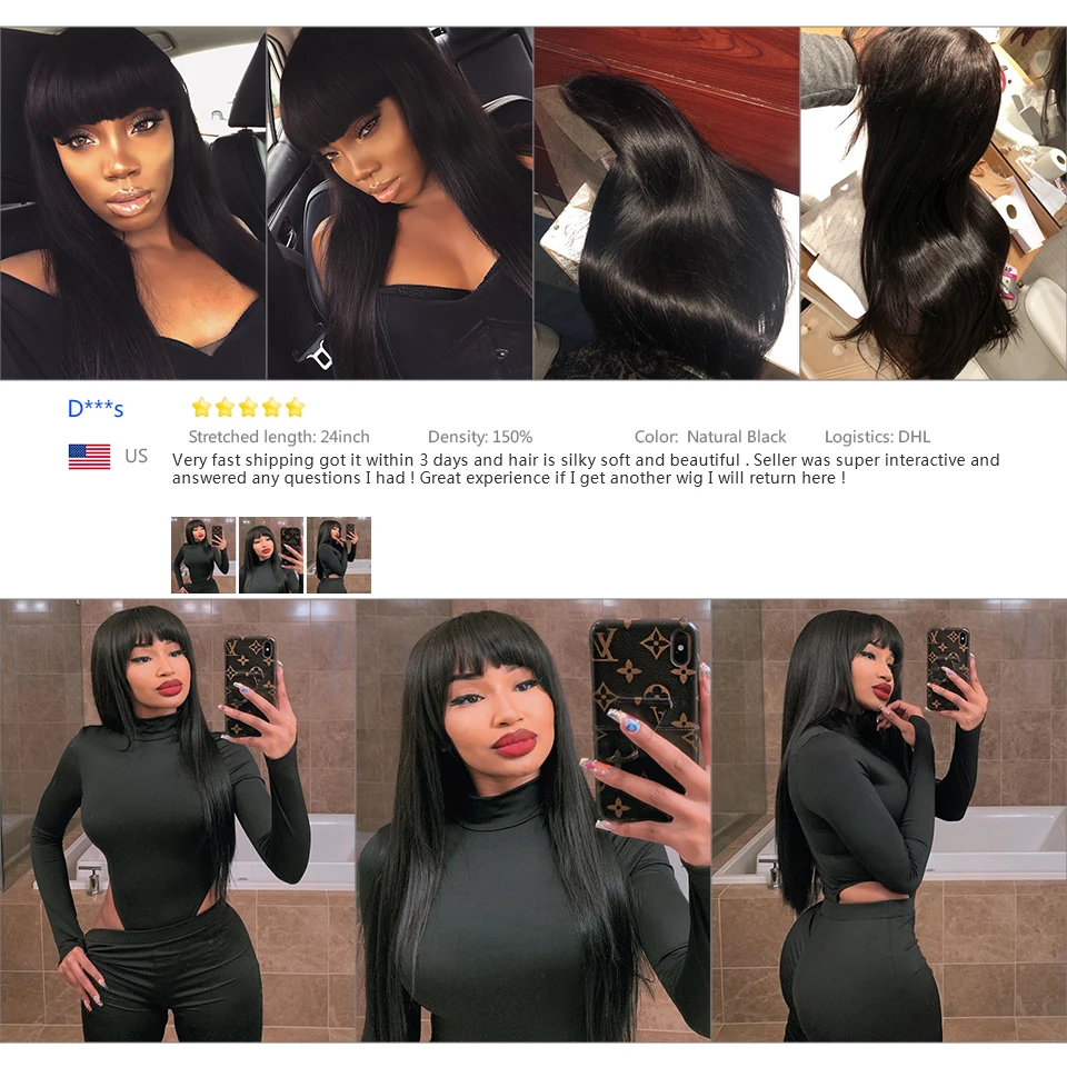Straight lace frontal wig with bangs Brazilian human hair glueless front lace wig For Black Women Pre Plucked bleached knots
