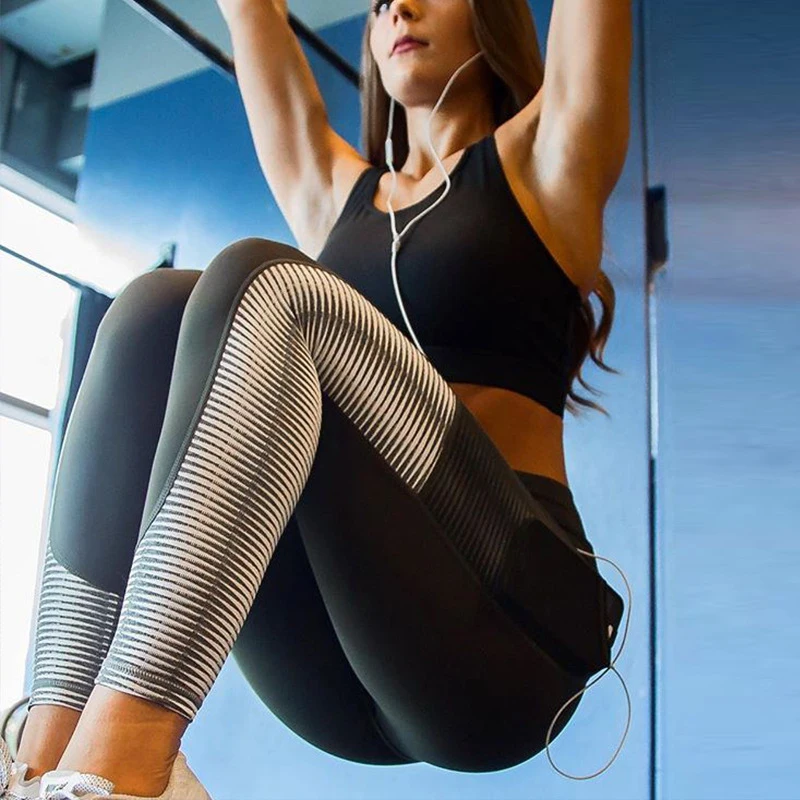 

2019 Pocket Patchwork White Stripe Printed Runnwear Fitness Leggings Women Elastic Pants Sweat Uptake Workout Slim Legging