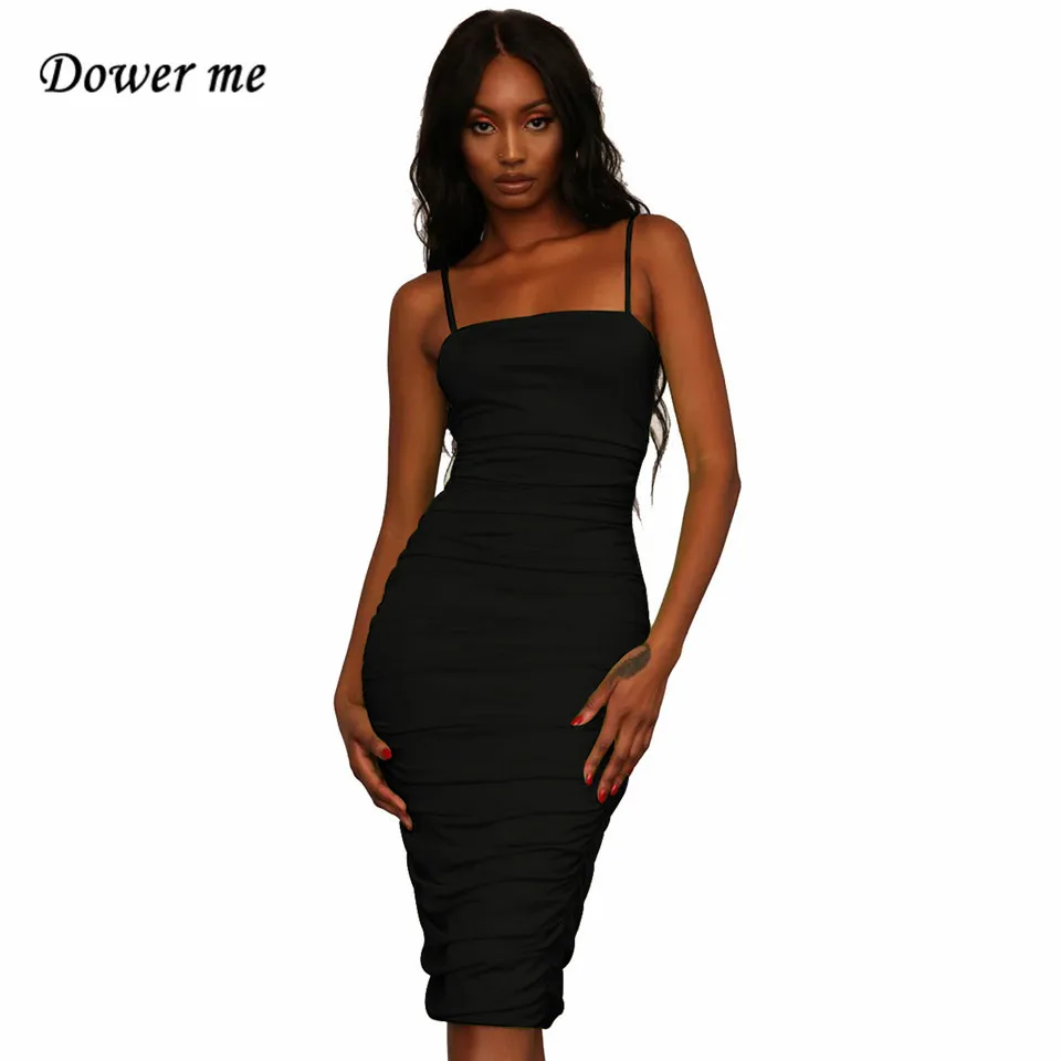

Dower me Strapless Summer dress Spaghetti Strap Knee-length Sleeveless Draped Sheath Night Club White Black Party dresses Y025
