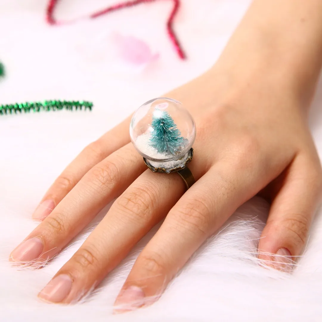 Shellhard Luminous Xmas Rings Shellhard Christmas Tree Glass Snowball Glow In The Dark Finger Ring For Women Men Jewelry