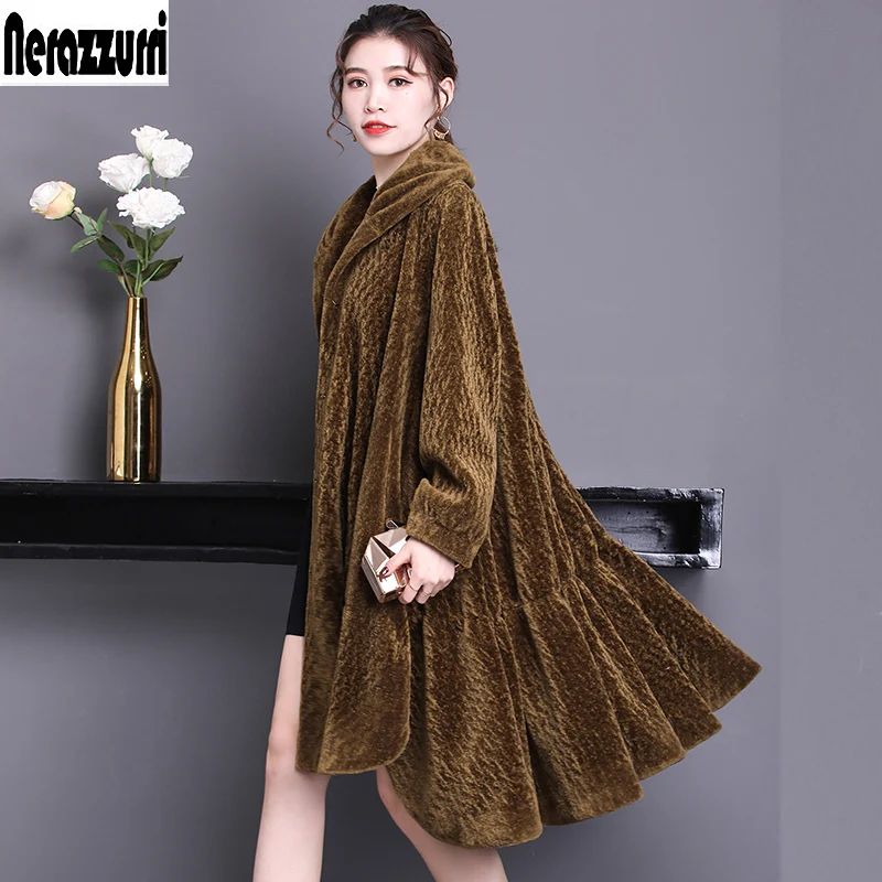 Nerazzurri Real fur coat women winter 2018 long large size oversize sheep fur jacket 5xl 6xl 7xl warm sheared lamb fur overcoat