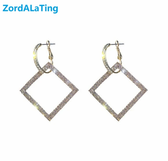 

S925 silver needle 2019 new style exaggerated square rhinestone long earrings for women temperament personality pendant bijoux