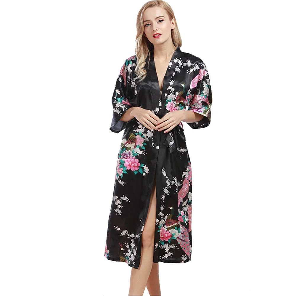 2017 Chinese Female Silk Robe Dress Sexy Kimono Yukata Gown Peacock And