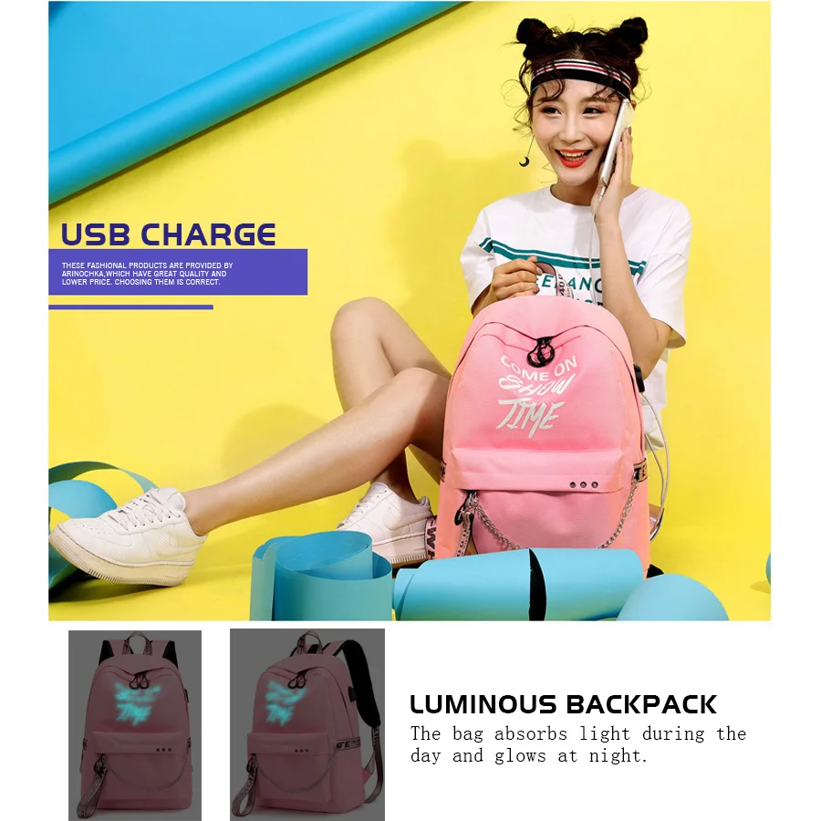 Модные Светящиеся женские школьные сумки с буквенным принтом, рюкзаки с зарядкой через USB для мужчин, рюкзак для ноутбука, рюкзак для девочек-подростков, рюкзак на плечо для путешествий