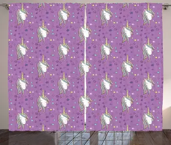 

Unicorn Party Curtains Fantastic Animal with Horn and Rainbow Mane on Sketch Style Stars Backdrop Living Room Bedroom Window