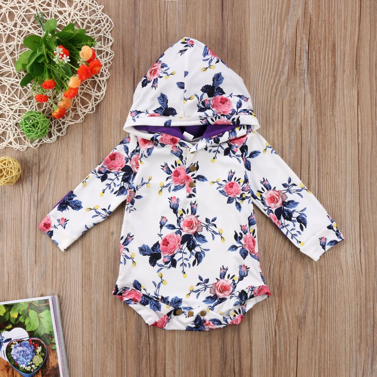 Sweet Floral Newborn Baby Infant Girls Flower Long Sleeve Hooded Jumpsuit Bodysuit Outfits