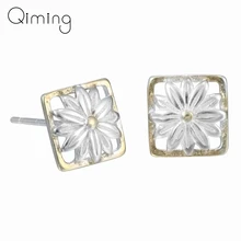Золотые маргаритки цветок серьги-гвоздики квадратные милые маленькие модные богемные 925 стерлингового серебра ювелирные изделия для женщин вечерние подарки