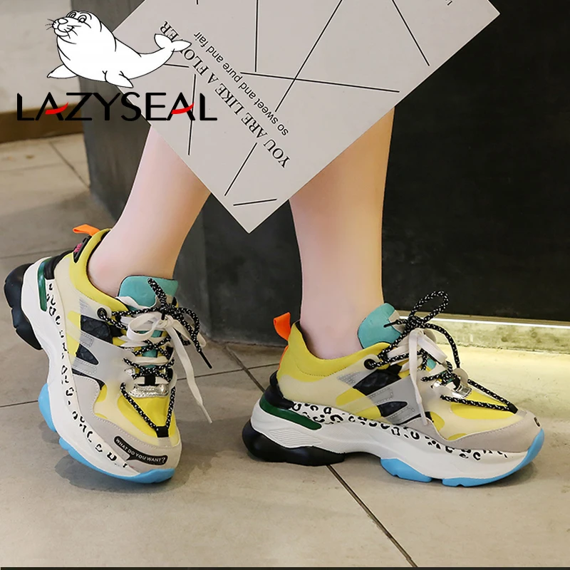 Cena LazySeal nowa wysokość zwiększenie koronkowe botki buty damskie okrągłe toe sznurowane buty do chodzenia oddychająca platforma buty sportowe z siatką przepuszczającą powietrze