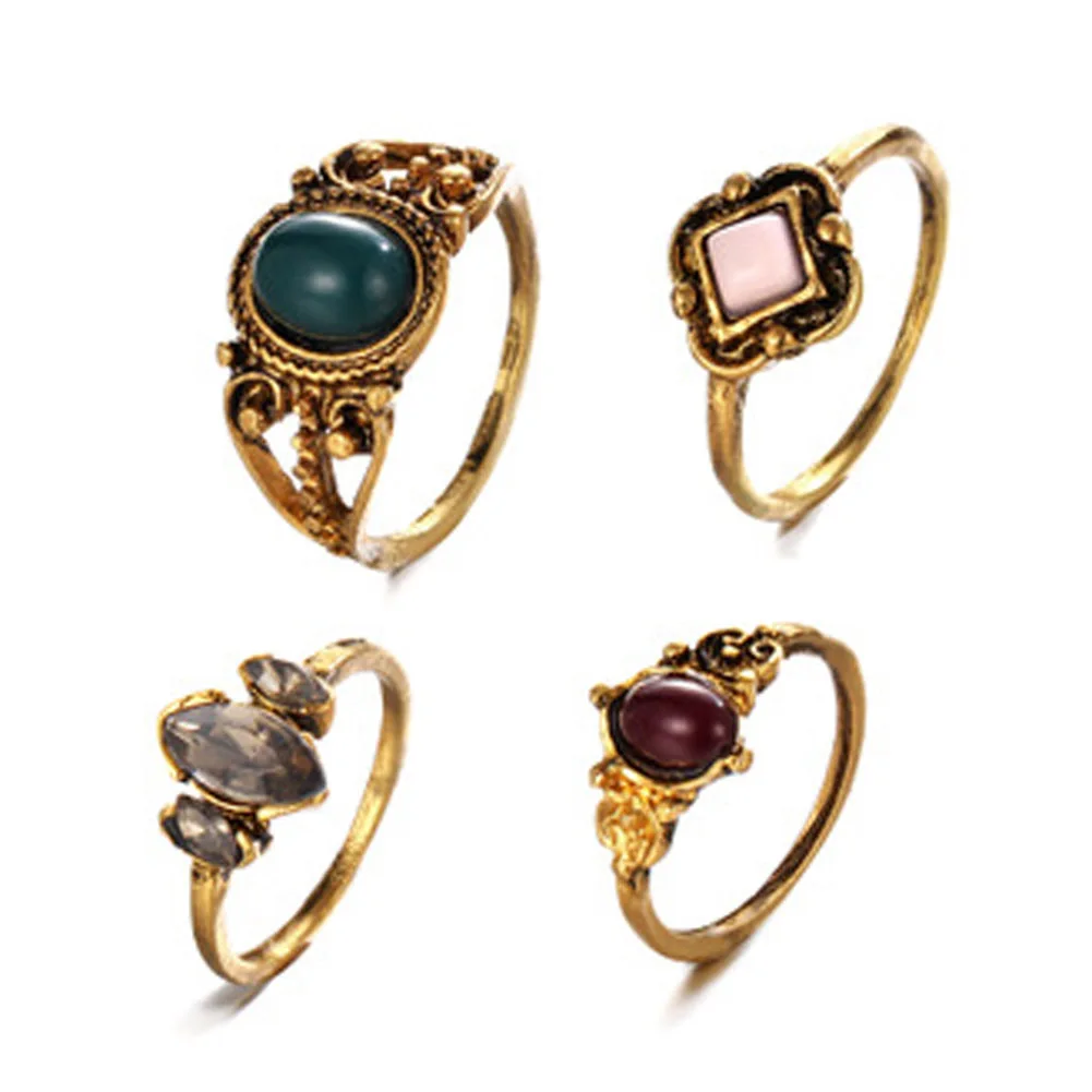 

4PCS/Set Bohemia Vintage Punk Boho Rings For Women Beach Unique Carving Tibetan Silver Plated knuckle Joint Ring Set