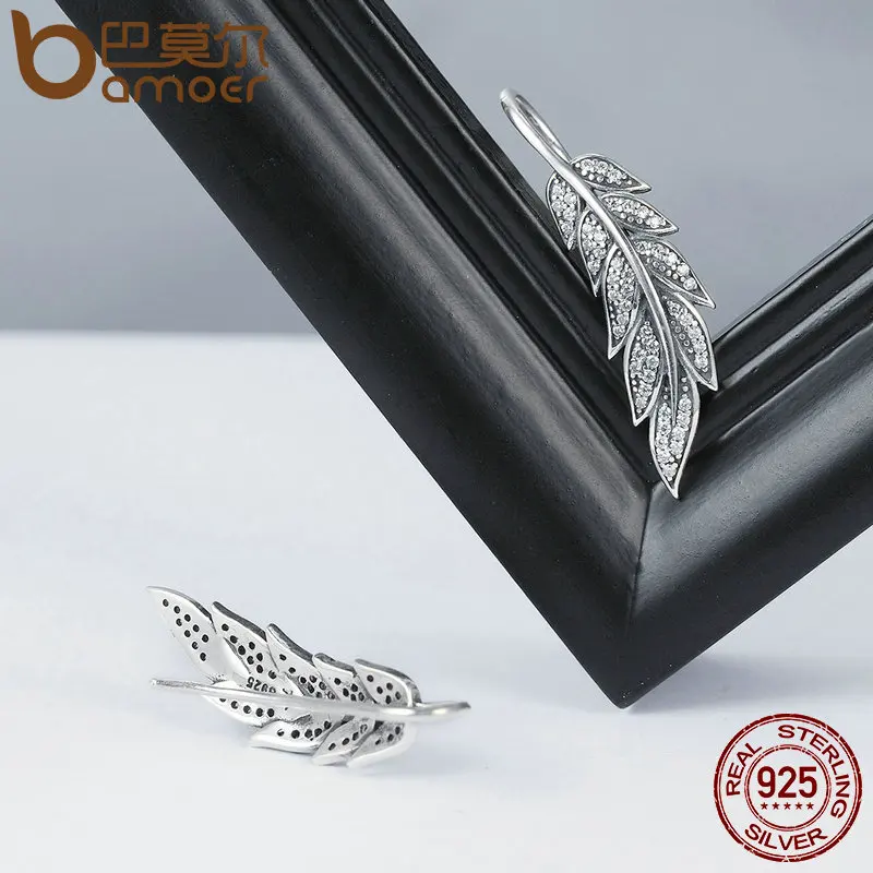 BAMOER Fashion 925 Sterling Silver Vintage Feather Wings Long Drop Earrings for Women Sterling Silver Jewelry Brincos SCE215