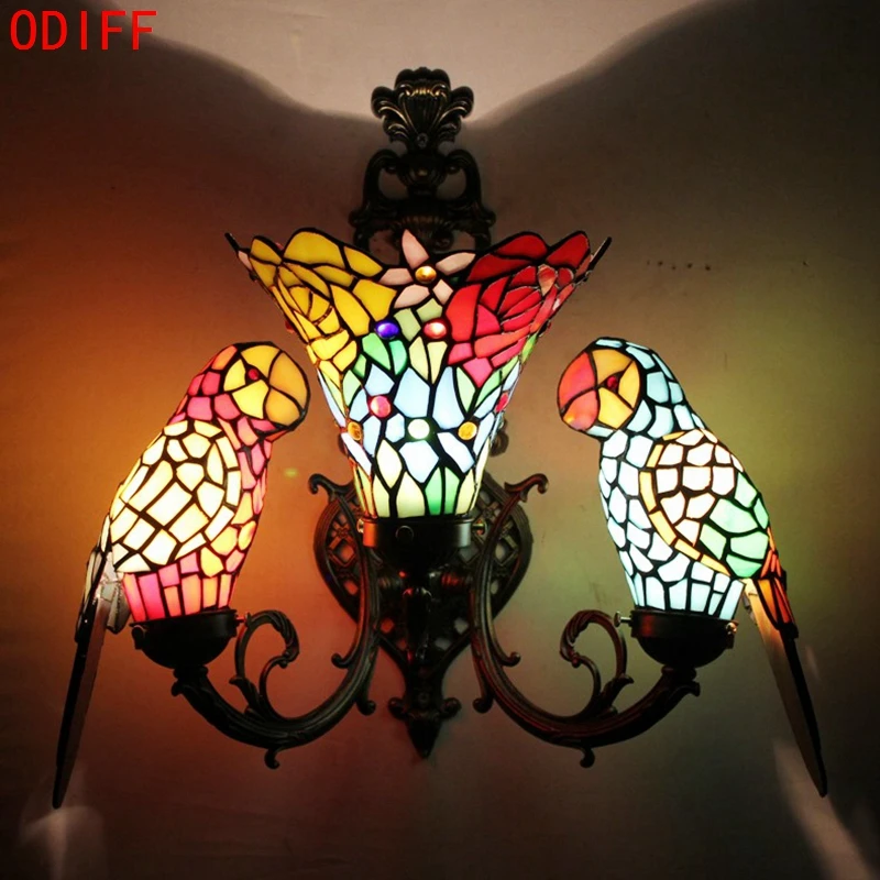 

European Retro rose bird Stained glass three head Parrot Wall lamps lights Living Room Hotel Bar KTV Restaurant shop 110-240V