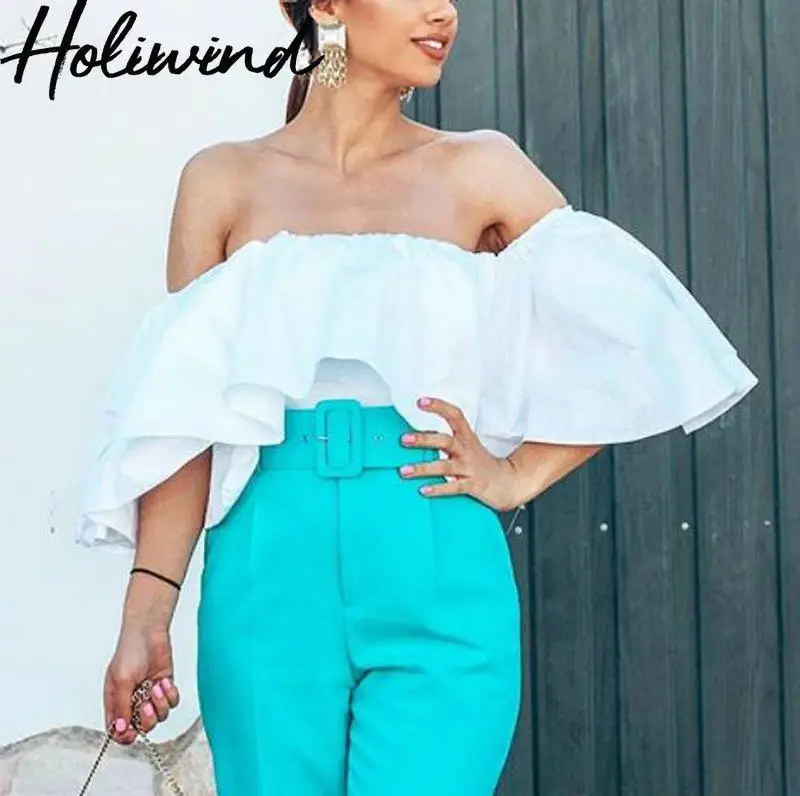 

2019 Women Summer Off Shoulder White Blouse Sexy Ruffles Crop Tops Summer Sexy Cotton Short White Top