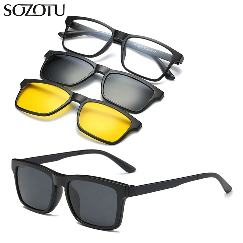 

Optical Eyeglasses Frame Men Women With 2 Clip On Magnets Polarized Sunglasses Clear Glasses Spectacle Frame For Male YQ335