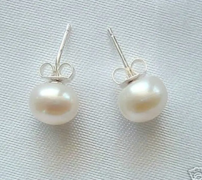 

FREE SHIPPING3 pair of genuine cultured 7-8mm white/pink/coffee/black flat pearl stud earring A0422 -Bride jewelry free shipping