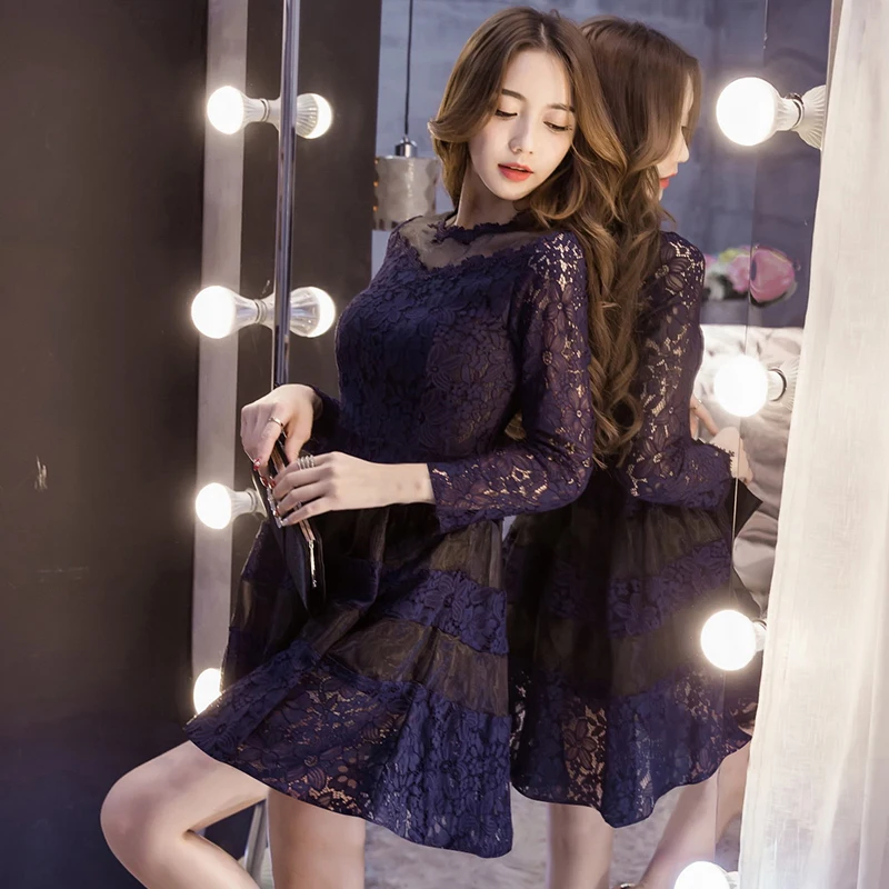 Осенне-зимние новые винтажные кружевные фиолетовые сексуальные мини-платья корейские женские облегающие сетчатые вечерние платья с длинным рукавом для подиума Vestidos