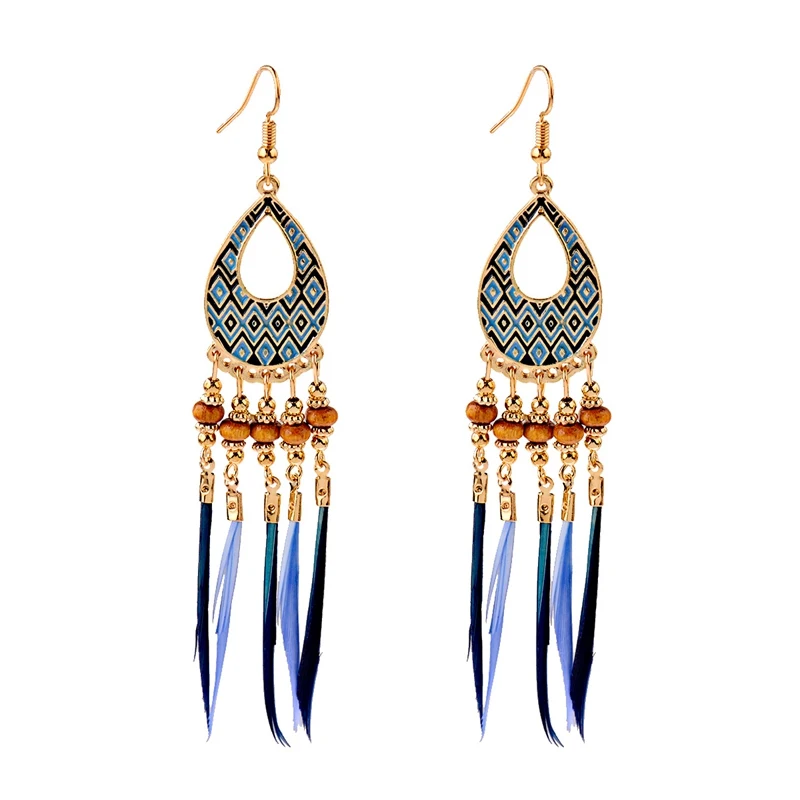 Ethnic Bohemian Boho Long Feather Indian Earrings For Women Brincos Bijoux Charm Gypsy Hippie Tribe Vintage Ladies Earrings - Окраска металла: Style 3