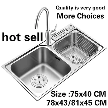 Best Free Shipping Fashionable Luxury Kitchen Double Groove Sink Food Grade 304 Stainless Steel Hot Sell 750x400/780x430/810x450 MM