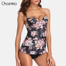 Charmo Women Retro Floral Print Tankini Set High Waist Swimsuit Swimwear Women Tankini Vintage Bikini Set Bathing Suit Bikini calico print high waist tankini set