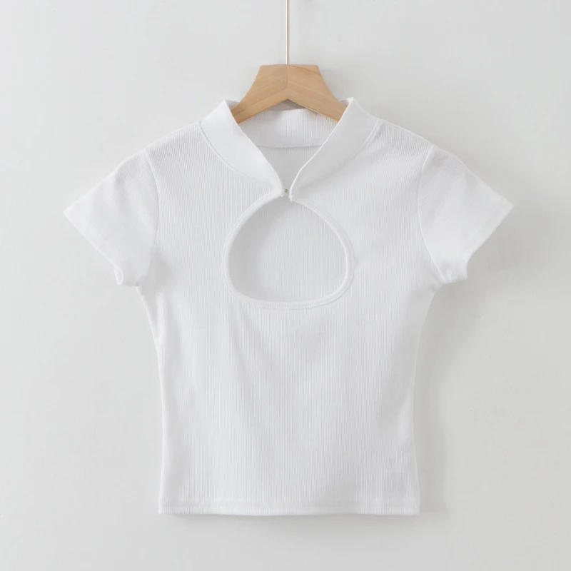 Женская футболка с вырезом спереди из хлопка и спандекса - Цвет: white