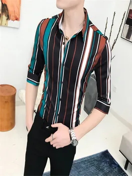 

2019 Summer New Men's Sleeve Shirt Men's Social Bar Nightclub Guy Hair Stylist Striped Print Shirt