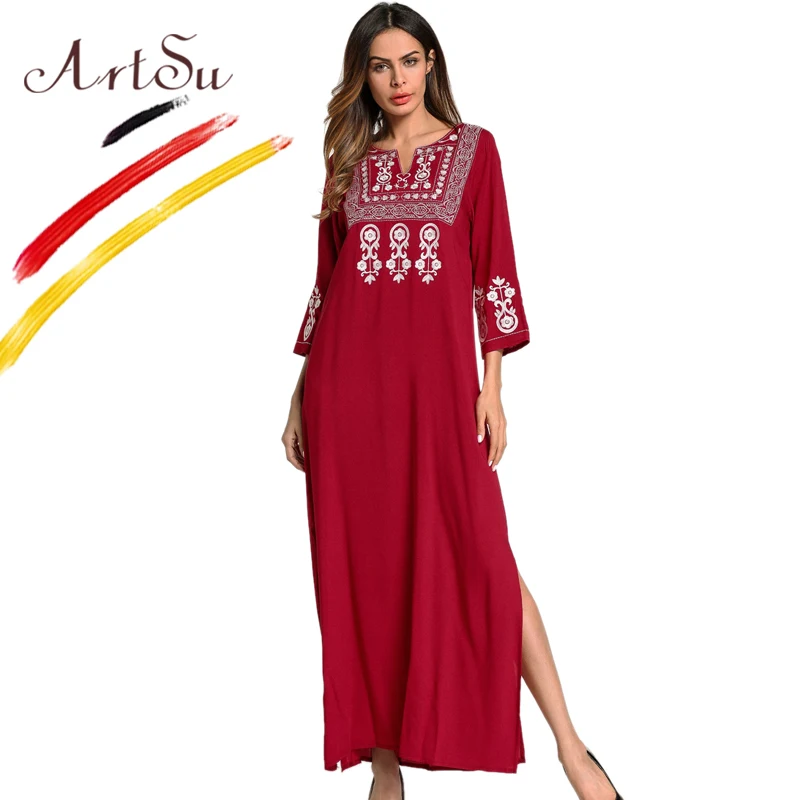 ArtSu женское винтажное платье с вышивкой Vestidos Элегантное повседневное туника