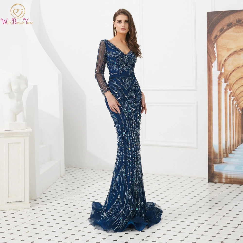 

Navy Blue Prom Dresses Mermaid Long 2019 V-neck Sequined Beaded Crystal Evening Gown Walk Beside You Ladies Special Occasion
