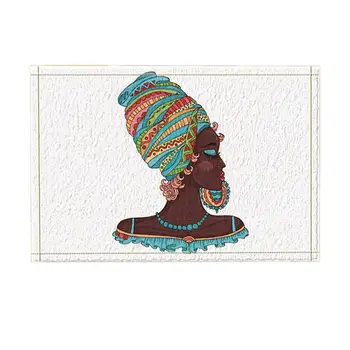 

Bed and Bathroom Carpet Kitchen Mats African Woman Decor, Vector Painted Portrait African Girl in a Scarf Drape