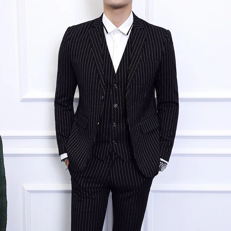 

Gray Blue Black Men Striped Blazer jacket with Pants & Vest Waistcoat Asian Size S - 6XL Men Dress 3 Piece Set