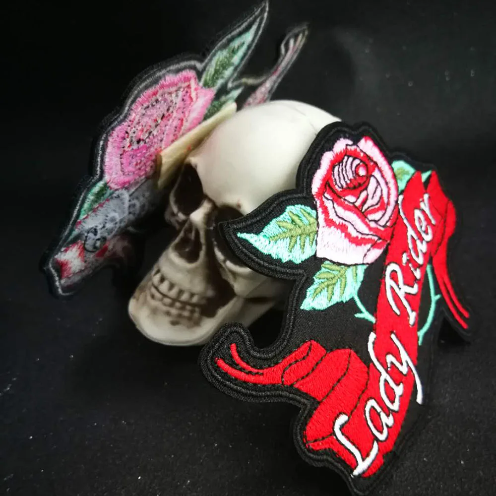 

rose lady rider biker patch for Jacket backing, punk motorcycle embroidery skeleton biker badge, skull patch Garment Accessory