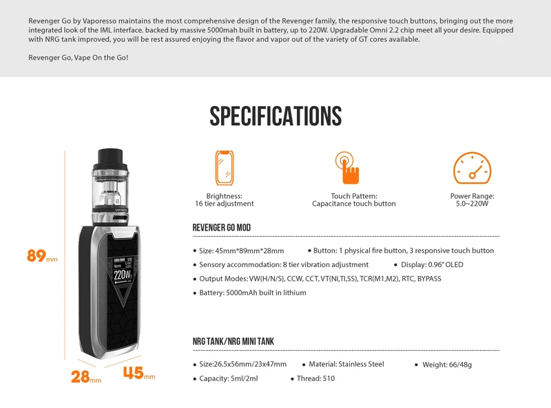 Оригинальный vaporesso Мститель Go комплект Box mod VAPE 220 Вт с 5000 мАч Батарея nrg бак 5 мл