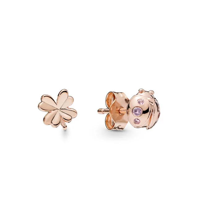 

SIENTO 100% 925 sterling silver New 287960NPO Rose Four-Leaf and Ladybird Earring Studs Jewelry Free Shipping