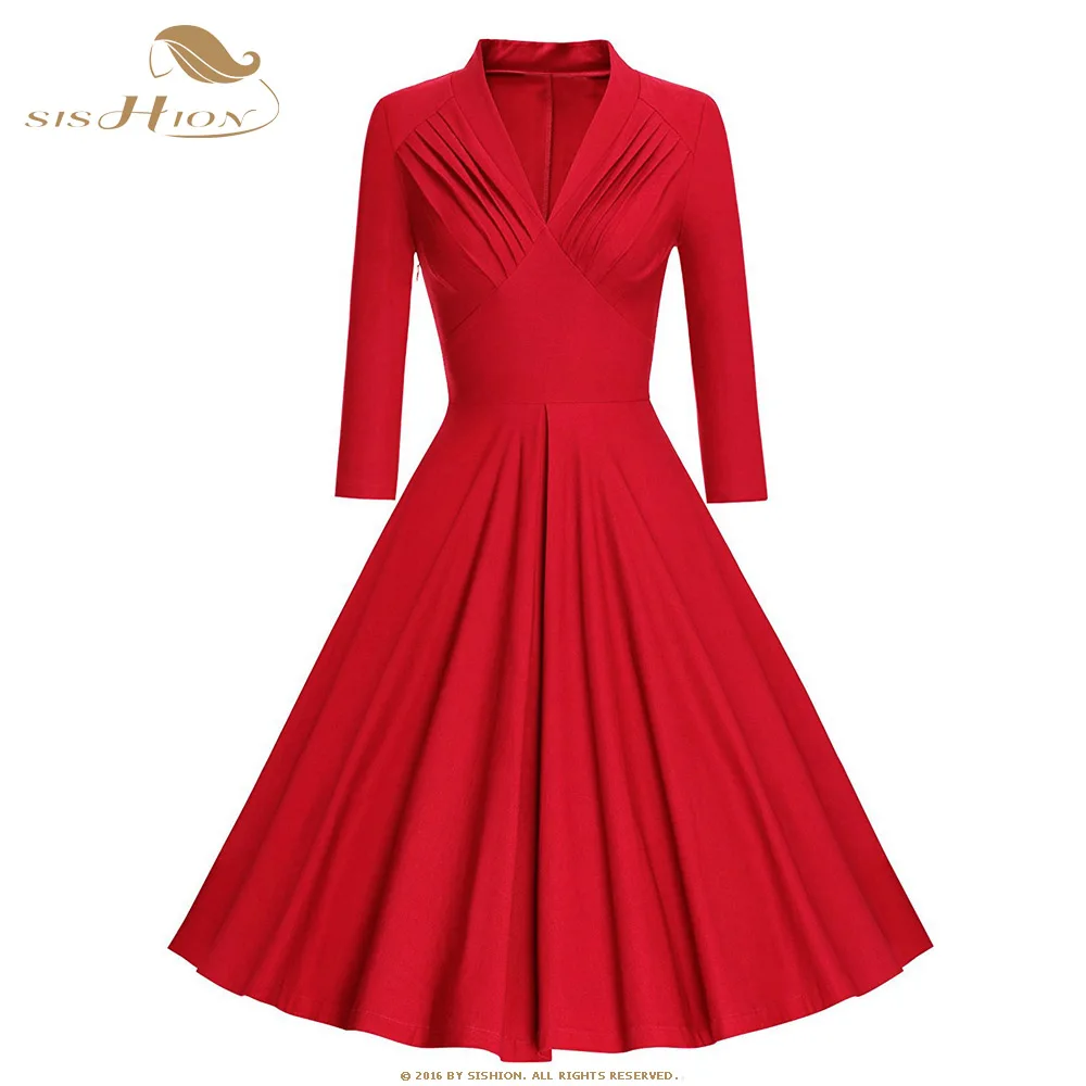 

SISHION Autumn Hepburn 50 60s Retro Long Sleeve Cotton Dress Women QY0202 A Line Plus Size V-Neck Vintage Party Dresses