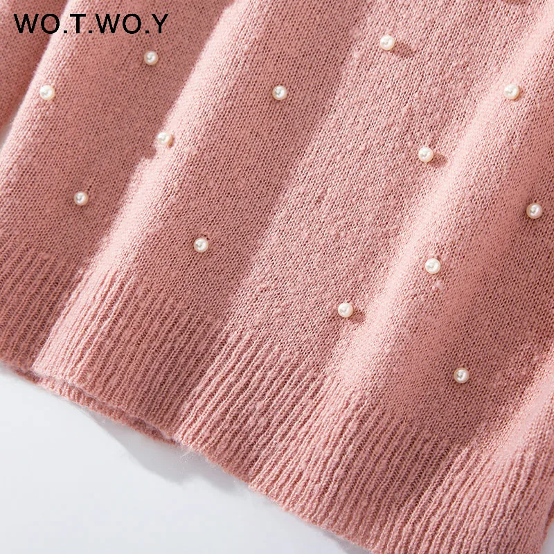 WOTWOY Pearl Beading Cashmere Sweater Women Pullover Knitted Long Sleeve Autumn Winter Sweaters Women Knit Top Femme Jumper 2018 Sweaters