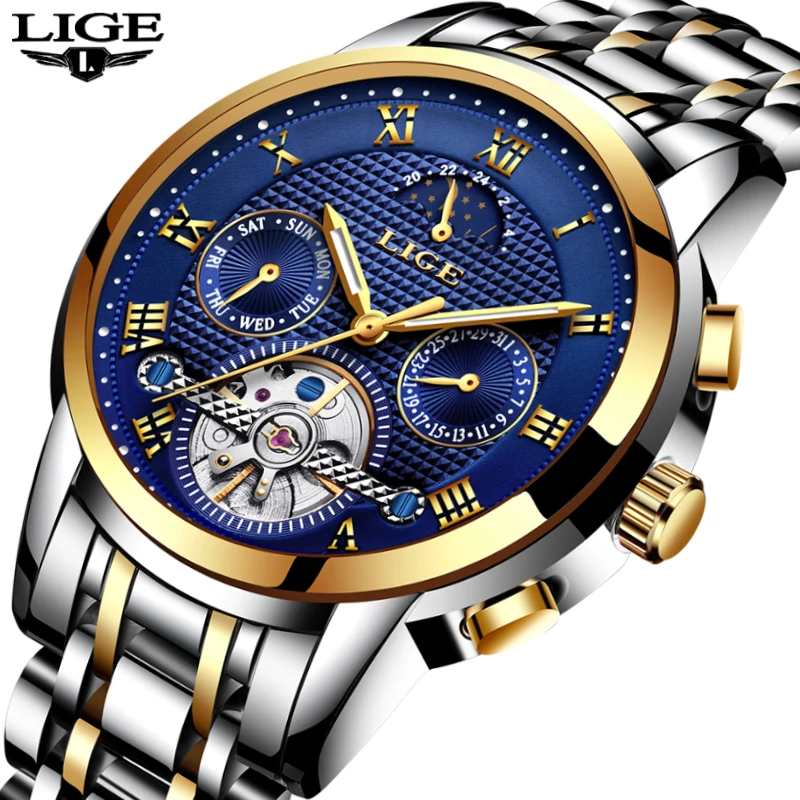 

LIGE Mens Watches Top Brand Luxury Fashion Business Casual Watch Men Stainless Steel Waterproof Automatic Mechanical Watch+Box