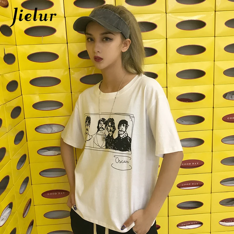 Уличная мода Jielur черные футболки для женщин Harajuku BF необычная Футболка с принтом