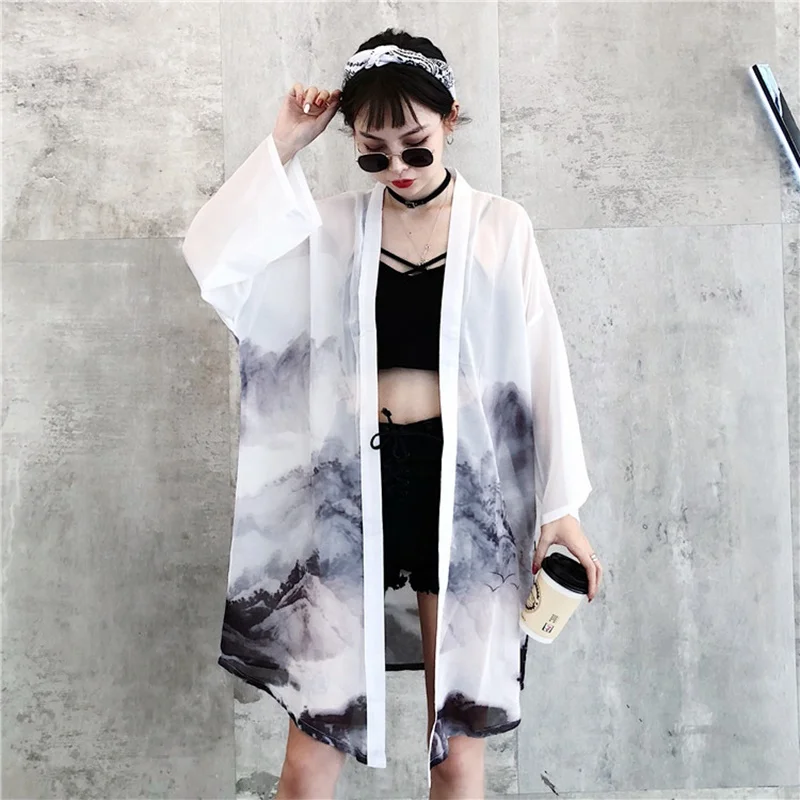 Кимоно Кардиган Женские топы и блузки японский стиль уличная одежда женские топы лето длинная рубашка женская черная AA4762