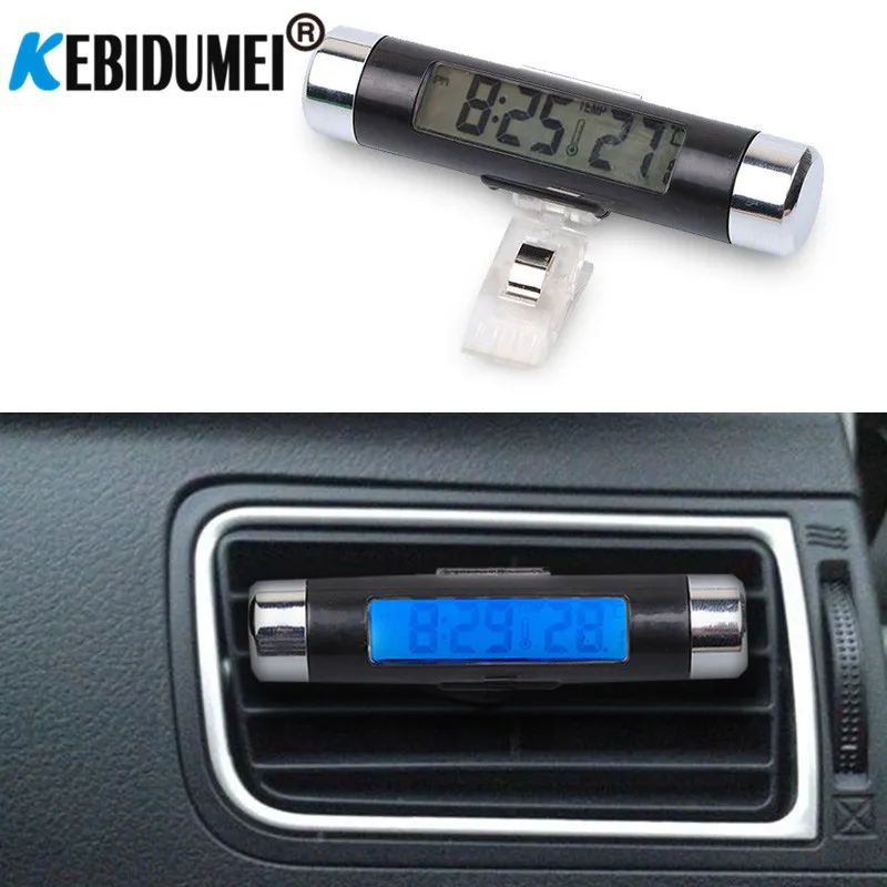 

2 in 1 Car Digital LCD Clock & Temperature Display Air Vent Electronic Clock Thermometer Blue Backlight With Clip