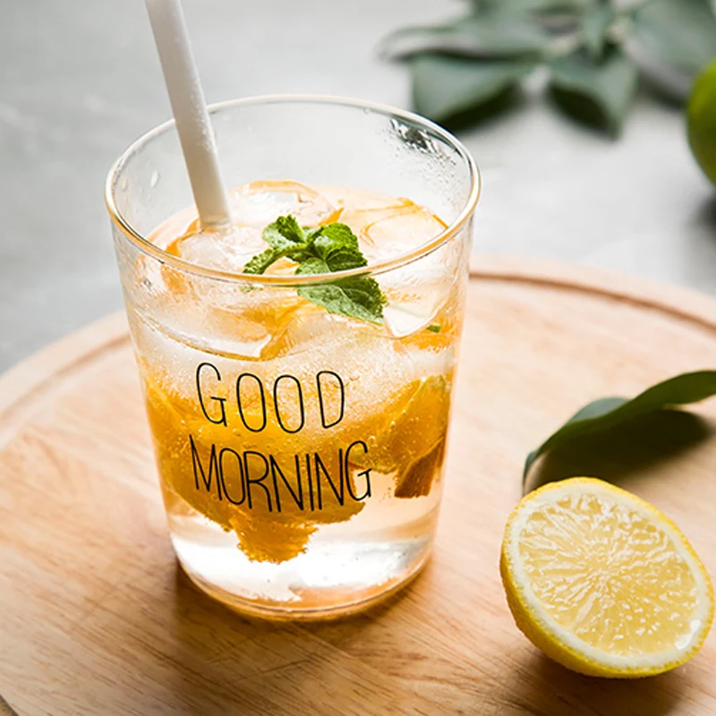 Glass Cups 400ml Brief Style Good Morning Glass Breakfast Cups Glassware Lovely Cups & Mugs for Milk Smoothie Drinkware (5)
