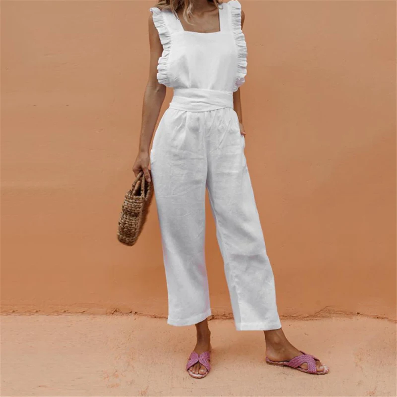 

2019 Summer Women Casual Sleeveless Square Collar Jumpsuits Fashion Ladies Backless Overalls Wide Leg Loose Long Pants Trousers