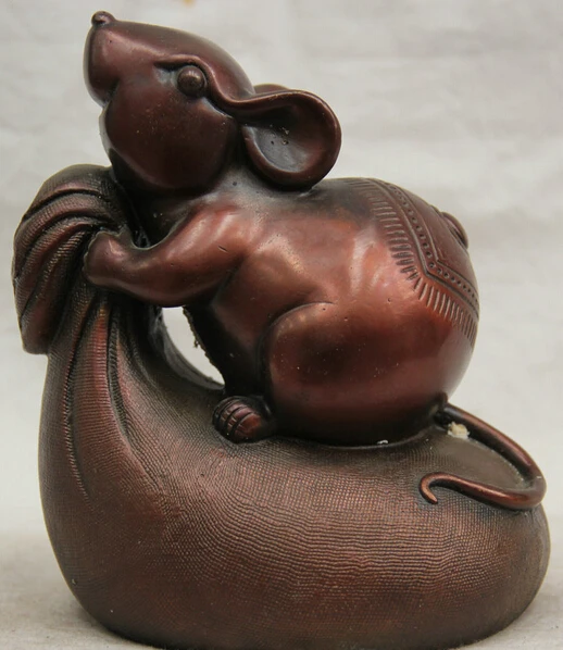 

JP S0522 6 " China Chinese Bronze Feng Shui Folk Zodiac Year Mouse moneybag Statue